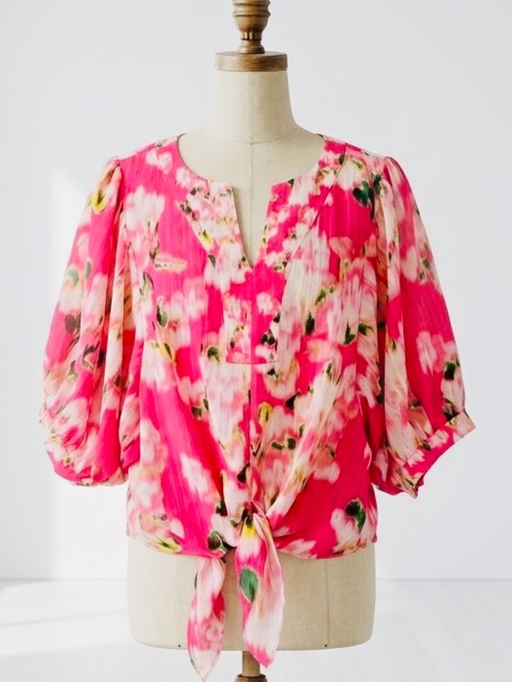 Rose + Olive| Pink Watercolor Floral Tie-Front Puff Sleeve Blouse Top Sz L